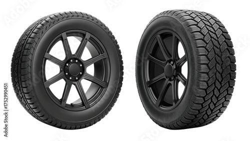 Two black car tires isolated on transparent background for winter and summer