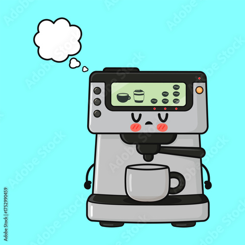 Coffee machine cartoon character thinking with thought bubble