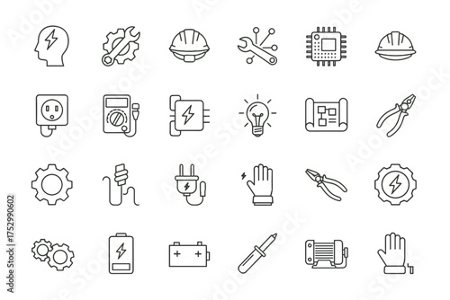 Electricity and engineering line icon set. Power, energy, and electronics symbols. Includes tools for repair and maintenance, technician equipment, and technology concepts vector.