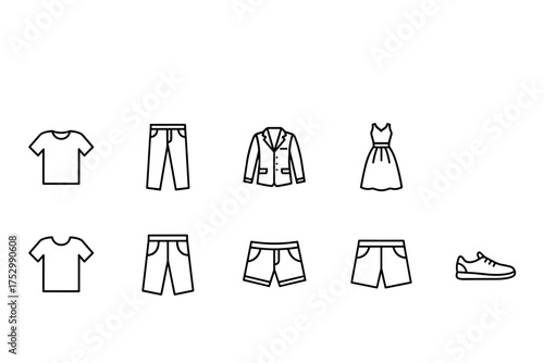 Clothes and apparel line icon set. Fashion garment collection. Minimalist outline symbols for web and app. T-shirt, pants, jacket, dress, shorts, and shoe vectors.