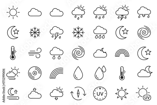 Weather line icon set. Meteorology forecast signs. Climate symbols collection. Sun, cloud, rain, snow, wind, storm, thunder, temperature, thermometer, moon, rainbow, uv index.