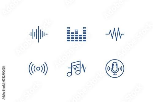 Sound wave and music icon set. Audio waveform, equalizer, microphone, and voice recording symbols. Vector graphic for podcast, radio, studio, and player interface design.