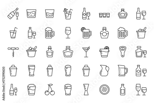 Bar and alcohol drinks line icon set. Vector collection of beverage symbols for a party or pub menu. Includes beer, wine, cocktails, whiskey, glasses, bottles and barware.
