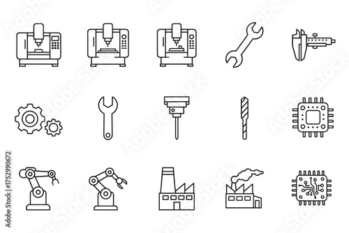 CNC machine and industrial automation line icon set. Symbols for manufacturing, factory production, robotic arm, engineering tools, wrench, caliper, gears, and microchip.