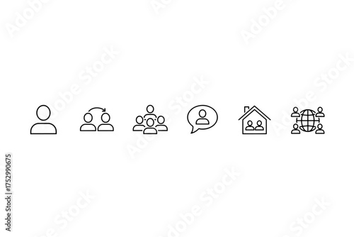 People icon set for business communication and community. User profile, teamwork, global network, remote work from home and chat message vector icons for web and apps.