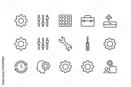 Settings and configuration line icon set. Gear, slider, wrench, and toolbox for setup and repair. UI kit elements for app development. Business process management and workflow optimization.