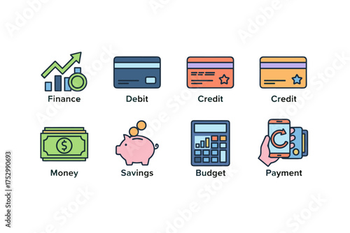 Finance concept icons with debit card, credit card, money cash, piggy bank savings, budget calculator, mobile payment digital transaction vector set
