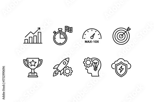 Business success and performance line icon set. Growth chart, goal target, startup rocket launch, trophy, and innovation symbols. Vector icons for strategy and achievement.