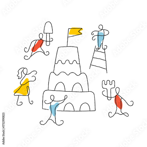Summer beach fun people making sand castle minimalist vector illustration