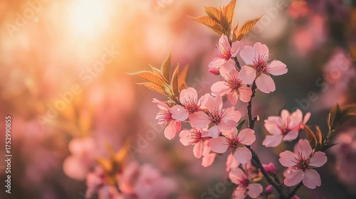 Beautiful Pink Cherry Blossom Flowers Blooming in Spring Sunlight.