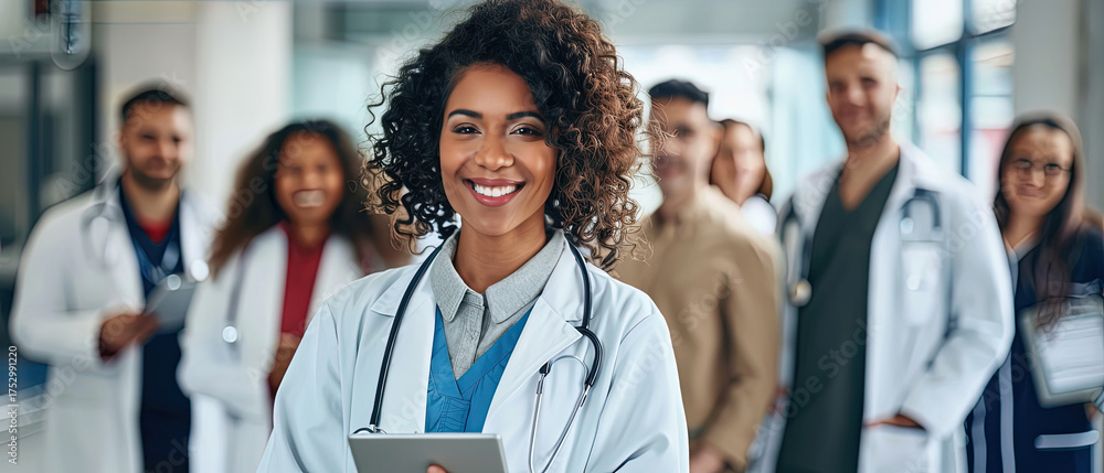 Fototapeta premium Confident young female doctor holding a digital tablet with a stethoscope on her shoulders, standing in front of a diverse group of smiling medical professionals in a modern hospital hallway.