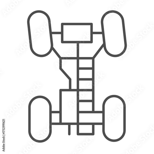 Car chassis with wheels and exhaust pipe thin line icon, car parts concept. Vector graphics. Chassis sign on white background, outline style icon for mobile or web design.