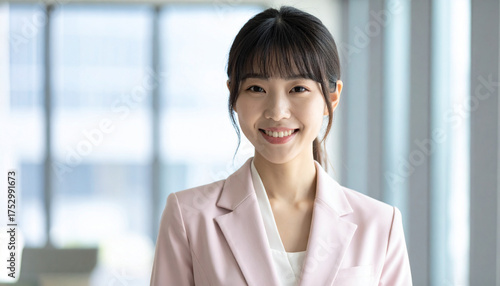Free Download Friendly asian businesswoman in pastel semi-formal suit smiling at modern office professional environment bright viewpoint - GFXLoad