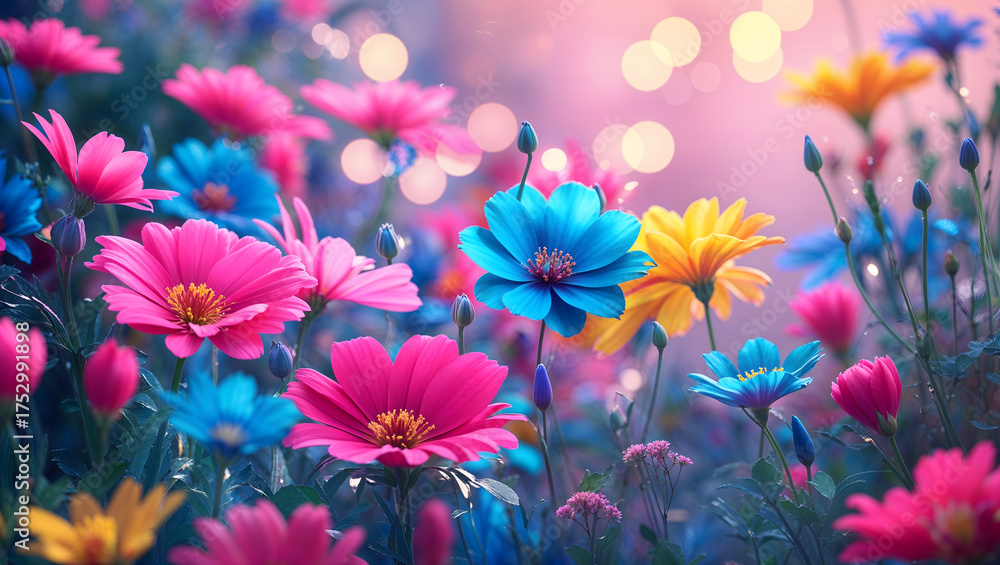 Fototapeta premium Surreal cinematic photo of colorful flowers, intricate patterns, photorealistic style, bright pink, blue, yellow, soft bokeh, shallow depth, dreamlike, vibrant, delicate light. generative AI