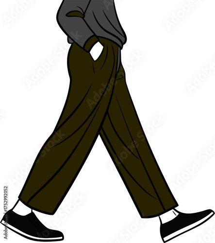 Line art person walking briskly dark grey shirt brown pants movement stride