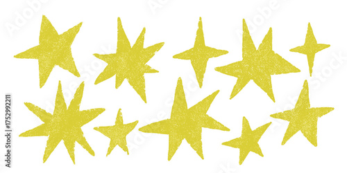 Set of yellow hand drawn stars with crayon texture. Vector shapes for collage