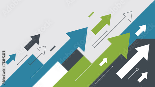 Illustration of upward pointing arrows in shades of green blue white and gray on a light background