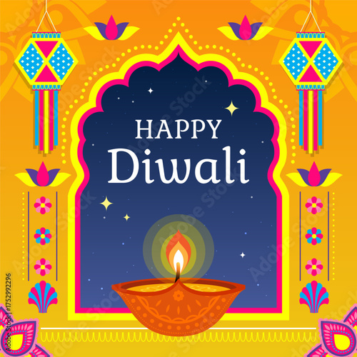 Happy Diwali greeting card Vector illustration. Diya lamp placed by the window