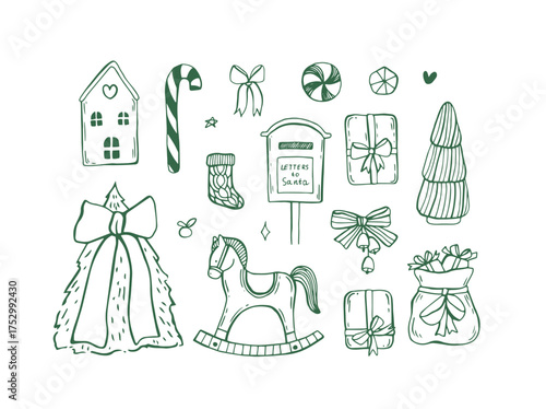 Whimsical christmas doodle set, vector illustrations, vintage retro style