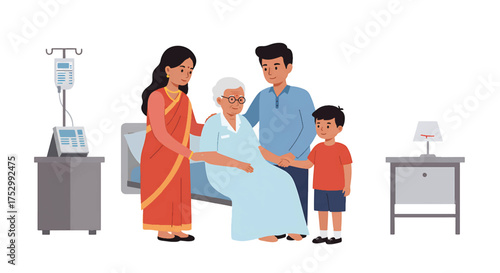 Illustration of a family visiting an elderly woman in a hospital bed with medical equipment.