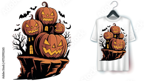 Jack-o’-lantern castle on cliff Halloween t-shirt