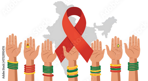 Illustration of diverse hands raised with colorful bracelets and a red awareness ribbon on a map
