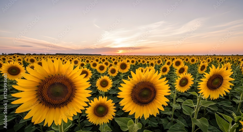 Fototapeta premium Field of sunflowers in full bloom under a beautiful sunset sky landscape
