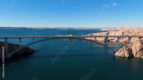 Aerial Cinematic View of Croatia’s Coastal Landscape with Bridges and Turquoise Adriatic Sea. Drone Flight Over Scenic Croatian Coastline, Islands