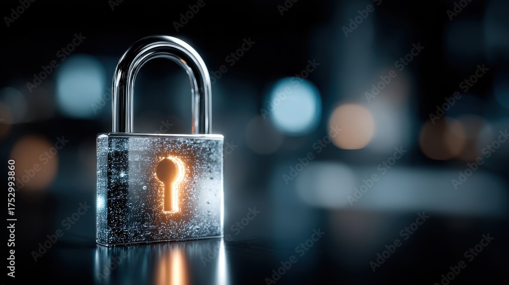 Fototapeta premium Modern Padlock with Glowing Keyhole on Dark Reflective Surface