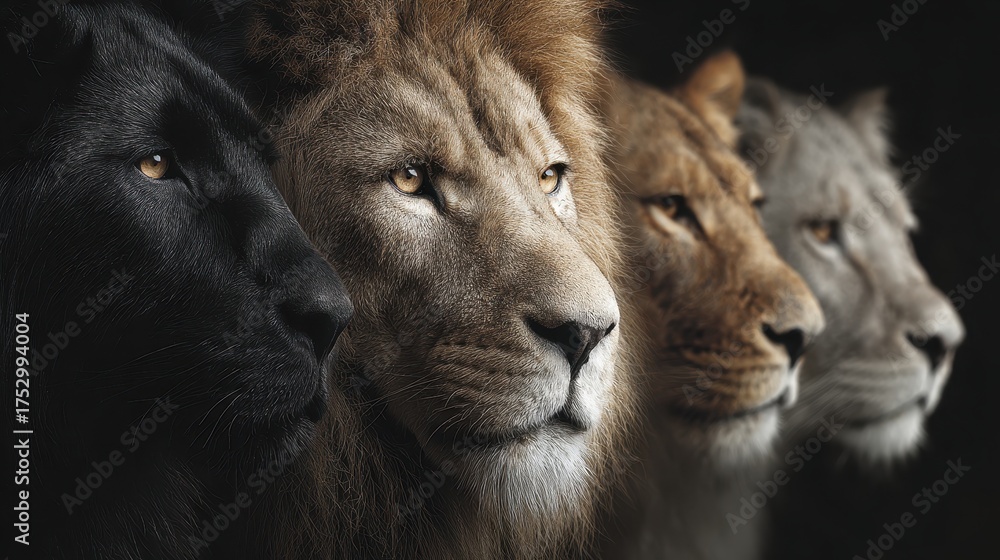 Obraz premium Lion Pride: Close-up of Four Lions with Different Fur Colors