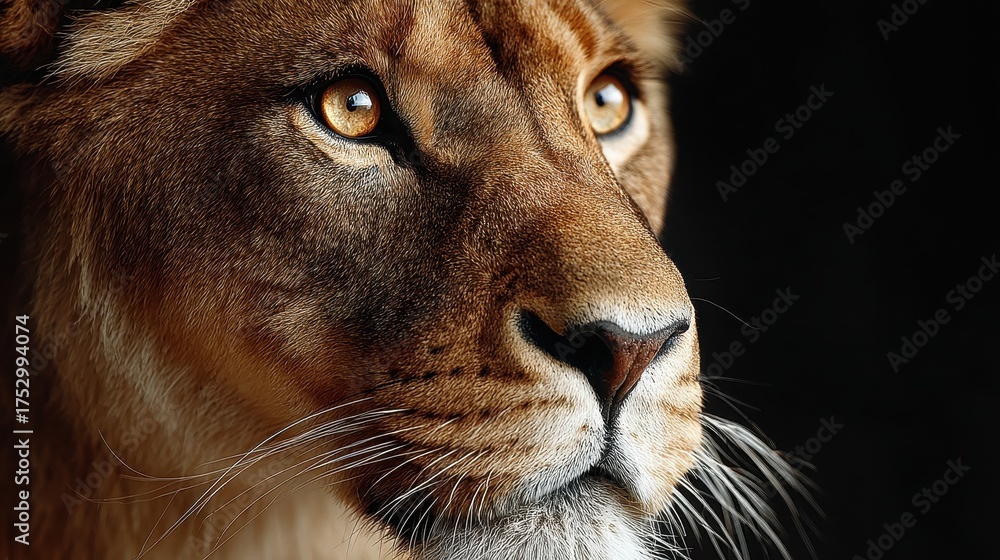 Fototapeta premium Close-up Portrait of a Majestic Lioness Face with Intense Gaze on Black