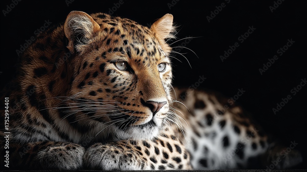 Obraz premium Portrait of a Leopard with Intense Gaze Resting on Dark Background