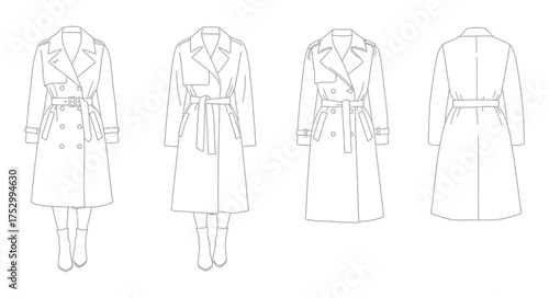 Fashion design sketch of a classic belted trench coat in different views