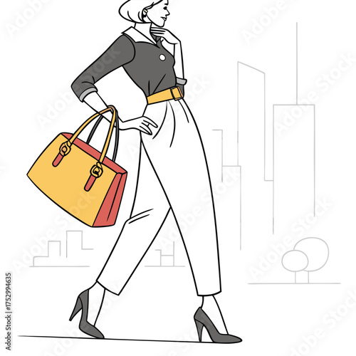 Fashionable Stroll in the City: An elegant woman confidently strides through the city, showcasing a stylish ensemble paired with a chic handbag. The artwork embodies sophistication and urban flair.