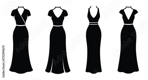 Black dress silhouettes showing various neckline and waistline styles