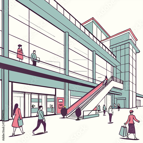 Modern Building and People: A vibrant scene unfolds as individuals go about their day at a sleek, contemporary structure, hinting at a blend of urban living and architectural design.