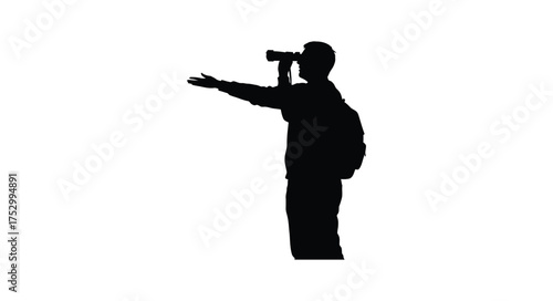 Silhouette of a man looking through binoculars with arm outstretched