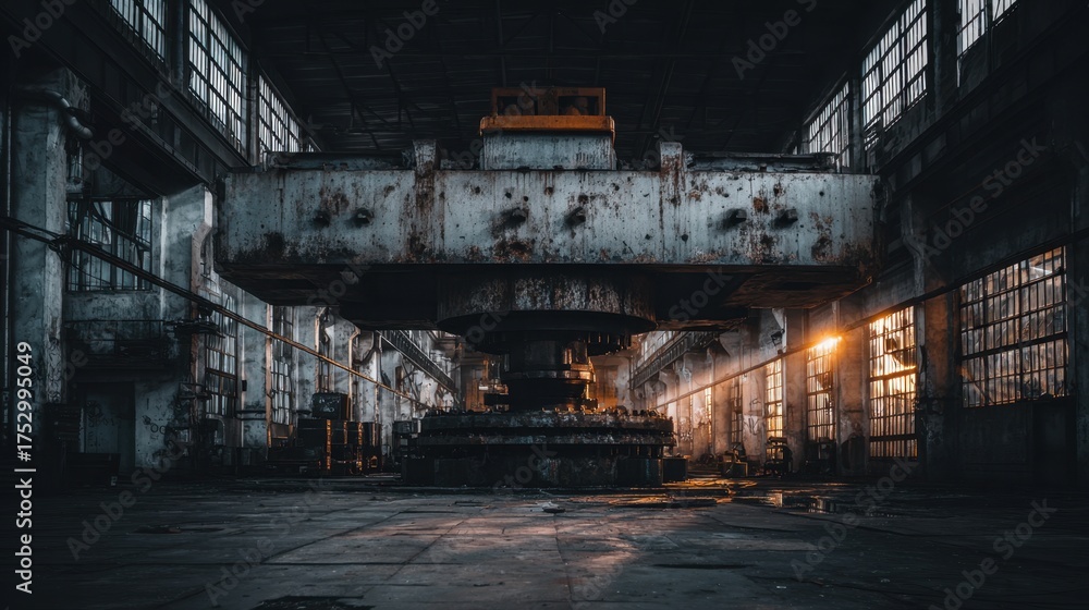 Fototapeta premium Abandoned Industrial Warehouse with Rusty Machinery and Dim Lighting