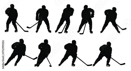 Silhouettes of hockey players in various action poses on a white background