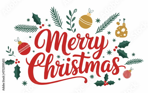 Celebrate the season with this festive Merry Christmas design featuring charming ornaments and classic winter foliage for a cozy holiday atmosphere