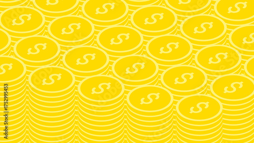 Isometric American dollar coins laid out in neat rows. Backdrop for advertising of banking services. 3D vector background top view at an angle