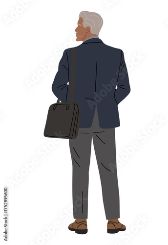 Vector illustration of an elegant older man seen from behind, wearing a navy blazer, gray pants, and brown shoes, carrying a black shoulder bag, minimalist flat style on transparent background