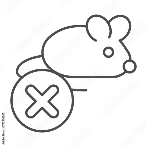 Laboratory mouse ban thin line icon, pest concept. Vector graphics. Rat with close button, forbidden item sign on white background, outline style icon for mobile or web design.
