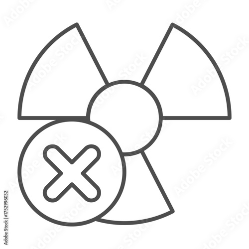 Radiation ban thin line icon, not radioactive concept. Vector graphics. Radioactive with close button, forbidden item sign on white background, outline style icon for mobile or web design.