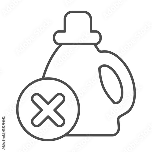 Bottle of machine oil ban thin line icon, oils concept. Vector graphics. Oil container with close button, forbidden item sign on white background, outline style icon for mobile or web design.