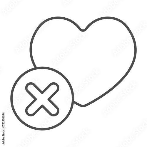 Love and infatuation ban thin line icon, likeness concept. Vector graphics. Heart with close button, forbidden item sign on white background, outline style icon for mobile or web design.
