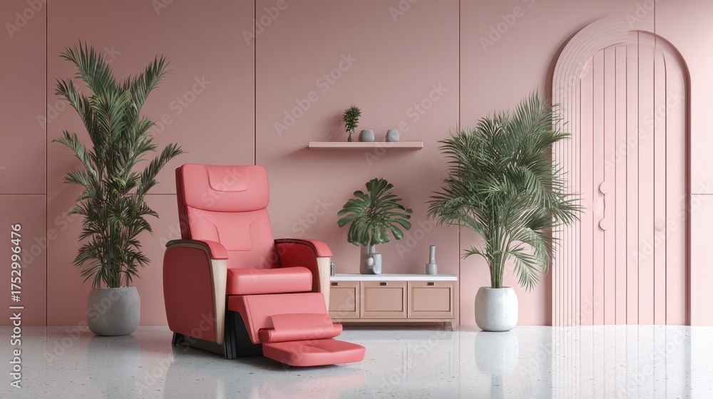 Obraz premium Relaxing Pink Armchair in Modern Interior with Green Plants and Soft Color Palette