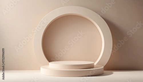 Podium minimaliste rond courbes pour présentation produit sur fond neutre beige. Mockup. Pub, promotion, commercial, vente, mise en avant.