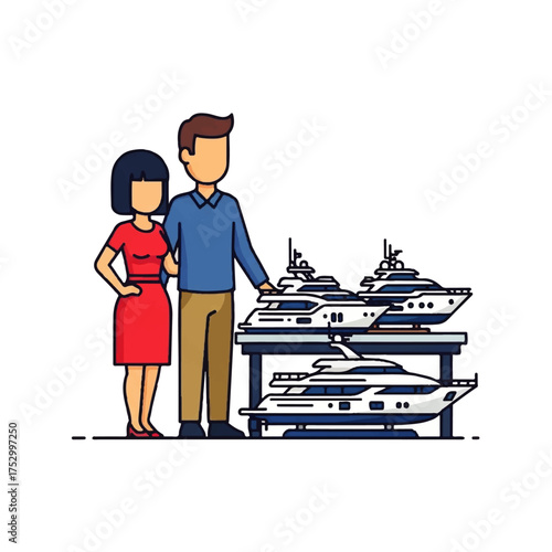 Couple looking at yacht models on a table, possibly considering a purchase.