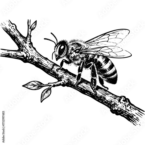 Honey Bee on Tree Branch Engraving Vector Illustration